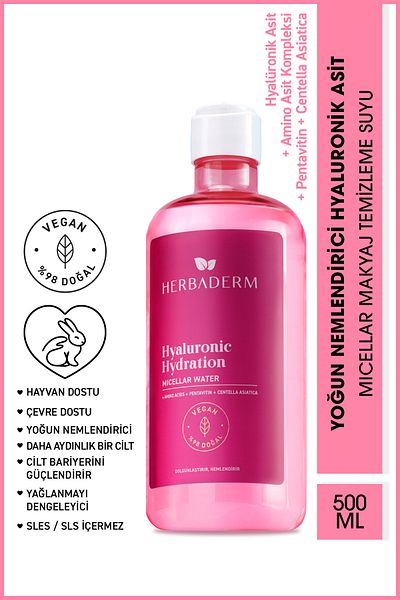 Herbaderm Hyaluronic Hydration, Intense Moisturizing Micellar Makeup Cleansing Water 500 ml