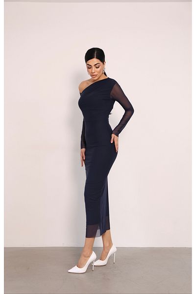 giyimmasalı Tulle Fabric Pencil Dress with Shoulder Detail - Dark Blue