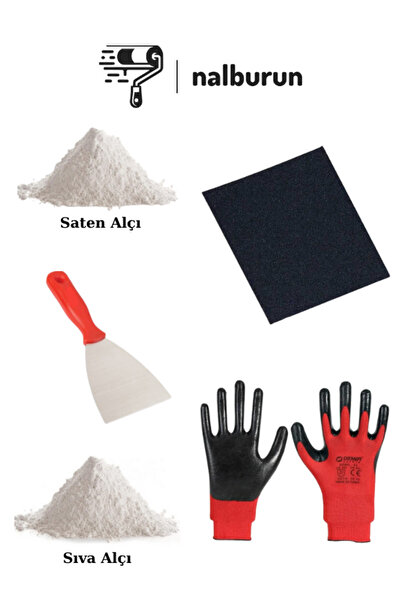Nalburun Duvar Tamir Seti 2kg Sıva Alçı 1kg Saten Alçı Spatula Zımpara(150) Eldiven