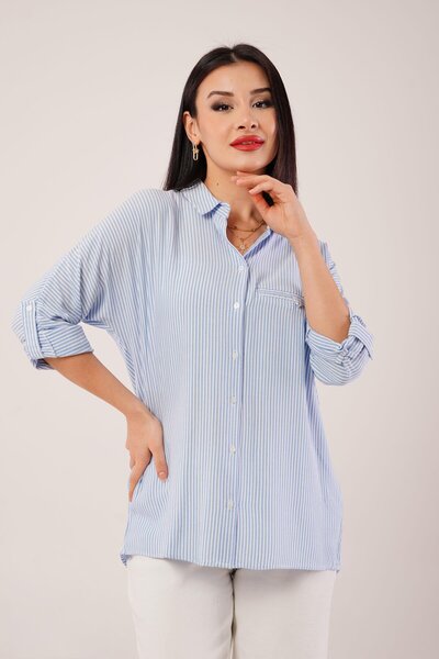 Hipo Trend Cămașă albastră cu dungi cu mâneci supradimensionate