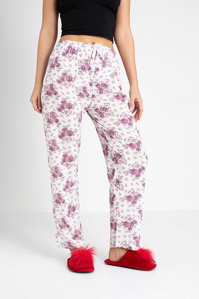 DONEX Cotton Thin Breathable Fabric Ribbon Waist Detail Printed Women's Sleepwear Bottoms Without Pockets