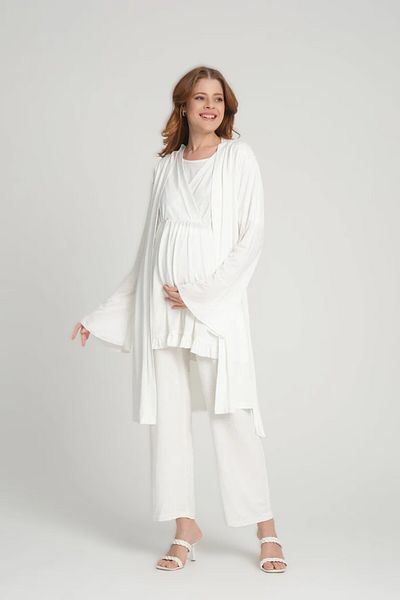 Pelin Women's Ecru Double Breasted Pajamas - Maternity Dressing Gown 3Pcs & Hidden Nursing Collar