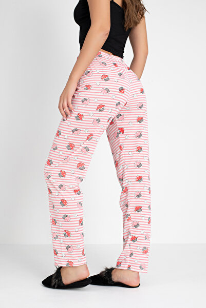 DONEX Pamuklu İnce Nefes Alan Kumaş Kurdele Bel Detaylı Baskılı Cepsiz Kadın Pijama Altı
