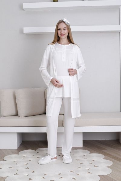 ERDENİZ TEKSTİL Maternity-Maternity Short Sleeve Pajamas Set with Dressing Gown and Button Collar Set of 3
