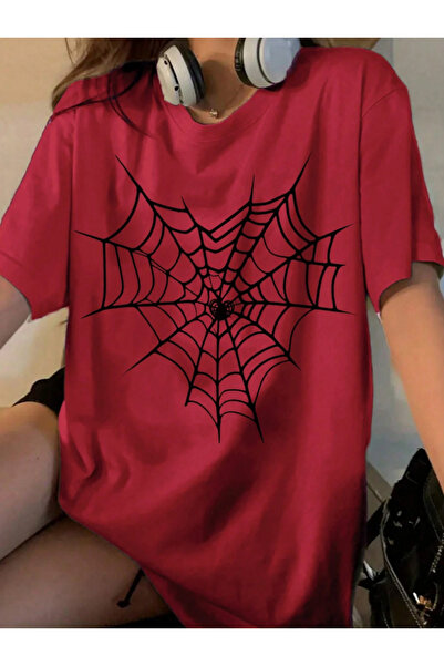 Revasser Unisex Erkek/Kadın Örümcek Ağ Özel Baskılı Oversize Pamuklu T-Shirt Tişört