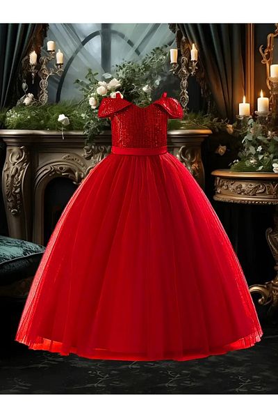 miço kids Elegant Sequined Off-Shoulder Tulle Dress Princess Evening Dress