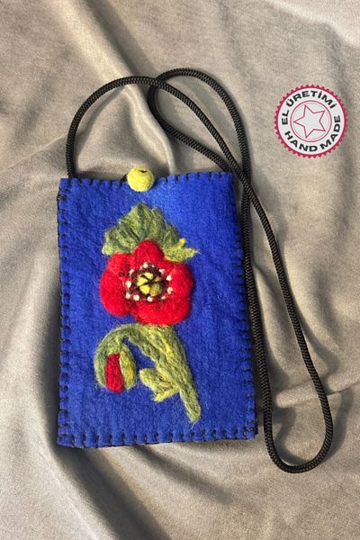 Uretti - Geantă Tulin 3528, lucrată manual cu broderie cu flori roșii, din pâslă - albastru