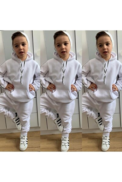 Moon طقم للأولاد مكون من قطعتين - سويت شيرت أبيض بغطاء رأس وبنطلون رياضي (3 خ...