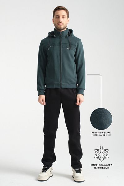 Shooter Winter Dark Green Men's Tracksuit Set with Hooded Inside Regular Fit