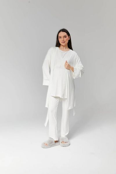 Pelin Women's Ecru Double Breasted Pajamas - Maternity Dressing Gown 3Pcs & Hidden Nursing Collar