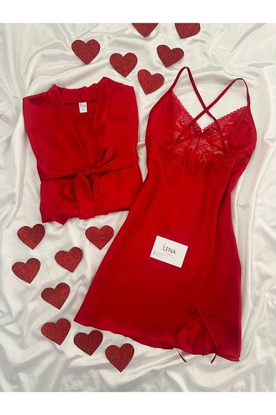 Lena Homewears Satin Double Red Nightgown Dressing Gown Set