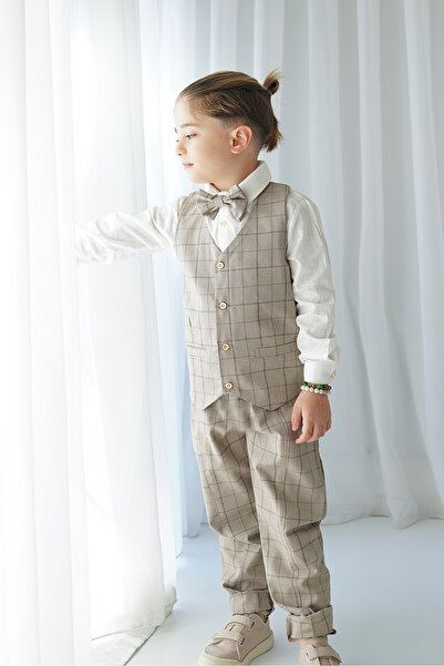 Catz Kids Boy's Set - Coffee Plaid, Gabardine Vest, Sling Set of 4 (100% Cotton)