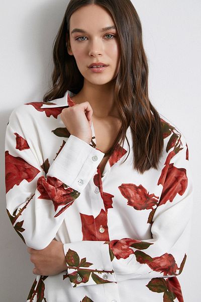Never more White Satin Shirt - Rose Printed