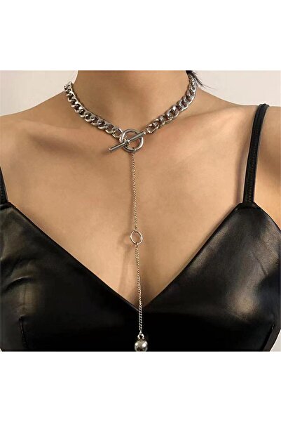 Pelin Aksesuar الفضة قفل الجبهة سلسلة سميكة قلادة