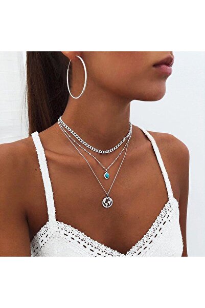 Pelin Aksesuar Üçlü Mavi Taşlı Dünya Kolye