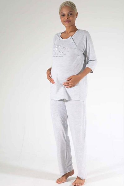 VİENETTA Women's Capri Sleeve Maternity & Maternity Gray Melange Pajamas C1T0N0O703