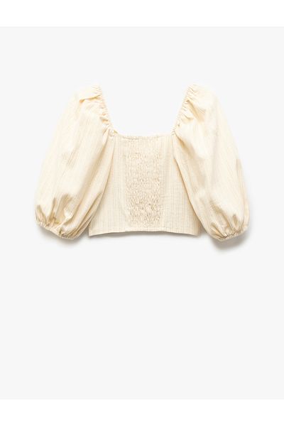 Koton Cotton Balloon Sleeve Crop Blouse with Drawstring Detail