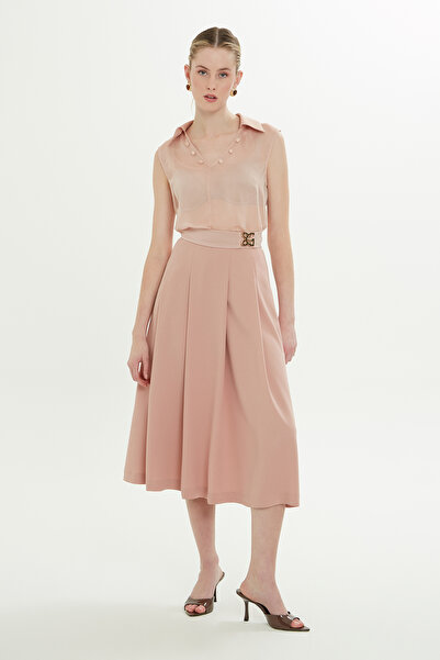 GİZİA Pili Katlamalı Astarlı Midi Somon Etek