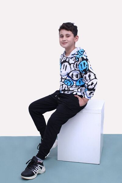 FYK KİDS Emoji Patterned, Hooded, Unisex Sweatshirt-tracksuit, Top and Bottom Set