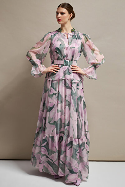 İnce Yakası işleme detaylı Uzun Abiye ipeksi Şifon Elbise