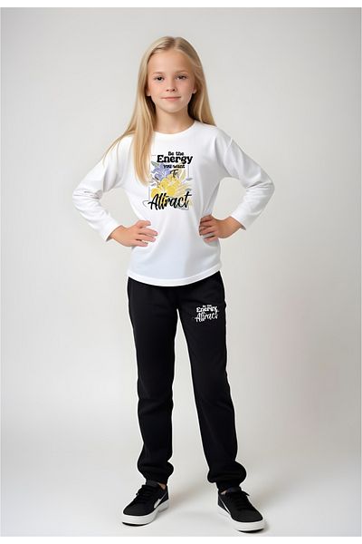 FYK KİDS Be The Eenergy Text Printed Rubber Waist Bottom-Top Set for Girl