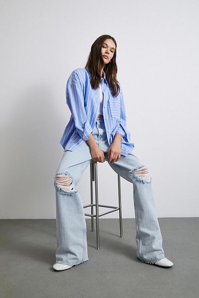 Never more Blue Striped Basic Organic Cotton Shirt