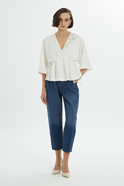 GİZİA Dantelli V Yakalı Ekru Bluz