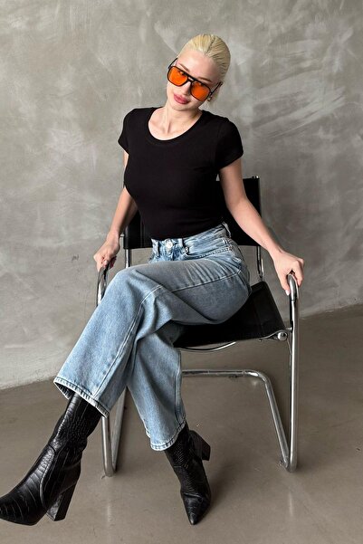 Madmext Black Wide Collar Fitted Basic Women's T-Shirt Mg2293