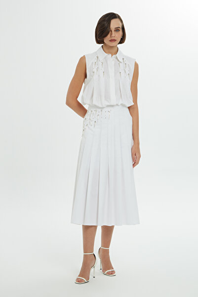 GİZİA Beli İşlemeli Pileli Midi Boy Beyaz Etek