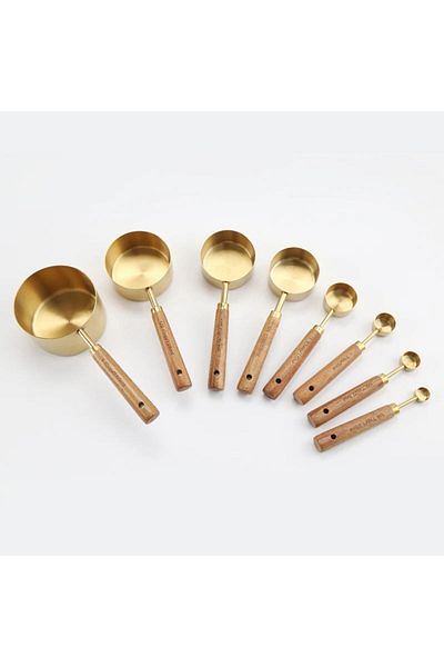 Qerhome Gold Luxury Measuring Spoon Set with Wooden Handle (4-4)