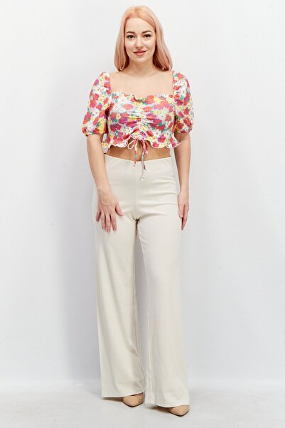 Asos Design Women Petite Square Neck Puffed Sleeve Allover Print Crop Top, Red Combo