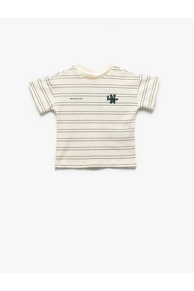 Koton Crew Neck Short Sleeve Embroidered Cotton Stripe T-Shirt