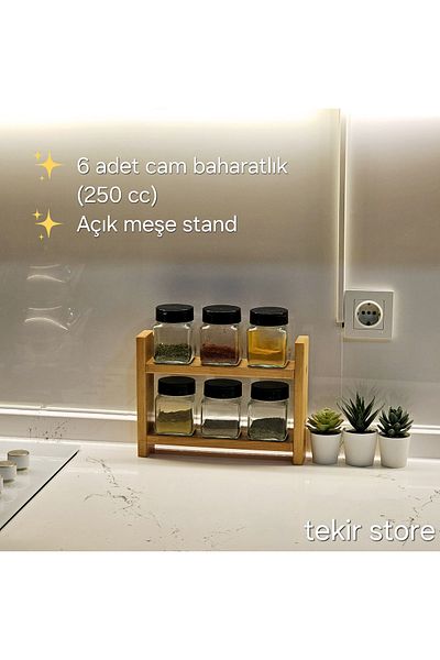 Tekir Store evinizi güzelleştirin 6 قطع برطمانات زجاجية قابلة للطي على الوجهين مع غطاء - رف توابل خشبي، الأول. فئة الصنوبر الإضافية