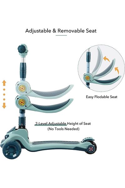 Yelajoy 3-in-1 Kids Scooter,3 Led Music Light Wheels,4 Height Levels,non-slip Deck,for Kids,blue