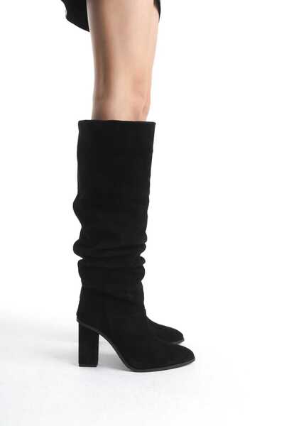 Limerence Deri Süet Dökümlü Topuklu Çizme SİYAH
