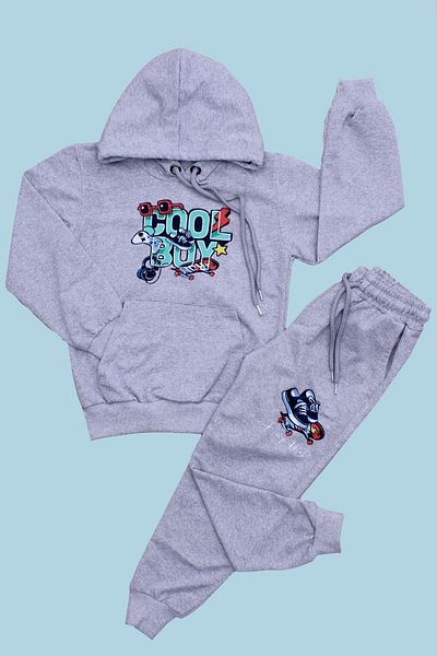 FYK KİDS Hooded Kangaroo Pocket Printed Detailed Boys Tracksuit Set 2 Threads