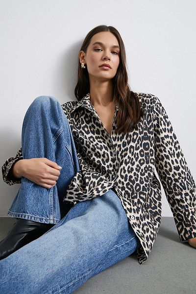 Never more Beige Satin Shirt - Leopard Print