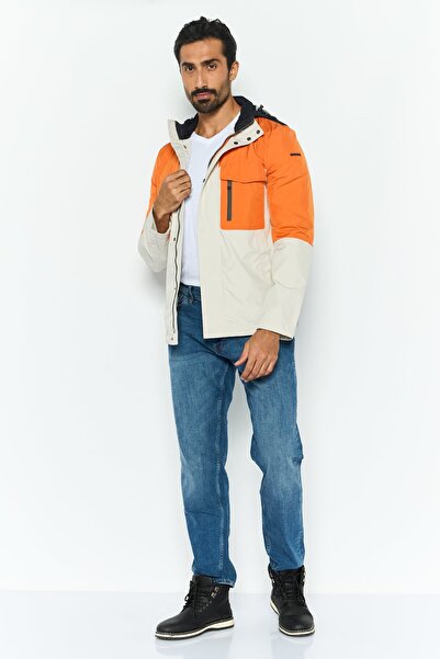 Geox Men Hooded Neck Long Sleeve Solid Windbreaker Jacket, Orange