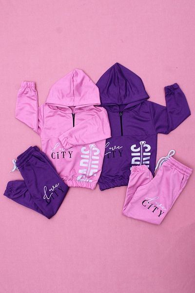 FYK KİDS Love City Printed, Zippered, Hooded 2-Piece Girls Tracksuit Set