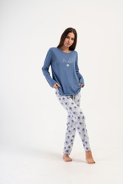 VİENETTA Costum de pijama albastru cu mânecă lungă de mărime mare pentru femei C7T7N1O304