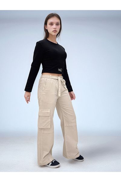 Asortix Girls' 100% Cotton Cargo Pocket Linen Trousers - Comfortable, Stylish and Comfortable Design