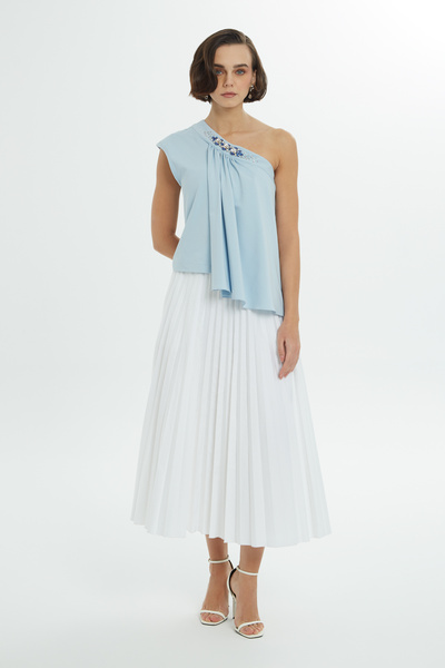 GİZİA Taş İşlemeli Tek Omuz Mavi Bluz