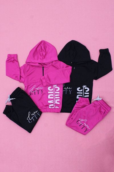 FYK KİDS Love City Printed, Zippered, Hooded 2-Piece Girls Tracksuit Set