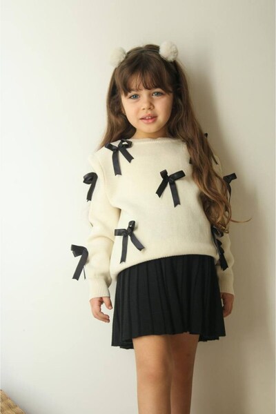 ELONKİDS Kurdele Detaylı Triko Etek Kazak Takım (K0534)