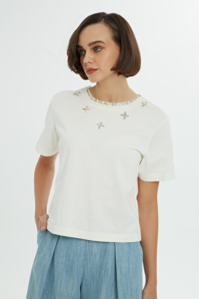 GİZİA Ecru T-Shirt with Back Zipper Stones