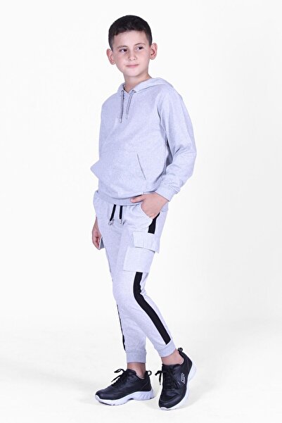 FYK KİDS Plain Kangaroo Pocket Hooded Cargo Pocket Boys' Top-Top Tracksuit Set