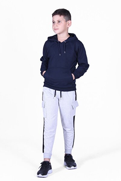 FYK KİDS Plain Kangaroo Pocket Hooded Cargo Pocket Boys' Top-Top Tracksuit Set