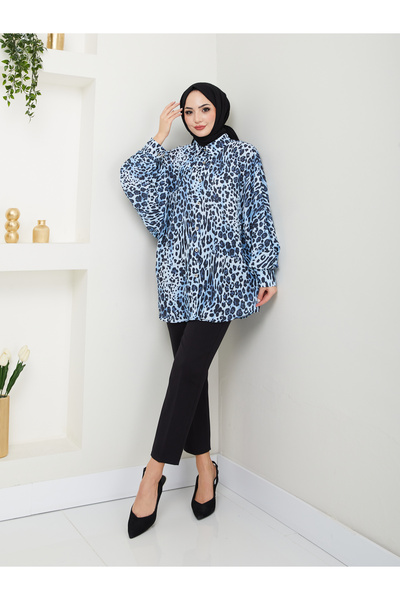 EFSUN MODA Сорочка з леопардовим принтом Jessica, стандартний розмір, довгі рукави, 2508, темно-синя