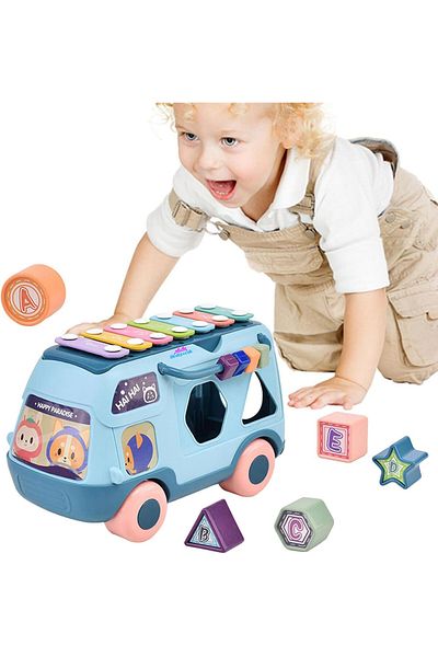 hediyecik Toy Piano Bus Find Plug Lighted Musical Blue Baby Toys +18 Months