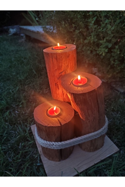 movipazar Doğal Ahşap Kütükten 3 lü Dekoratif Mumluk Şamdan